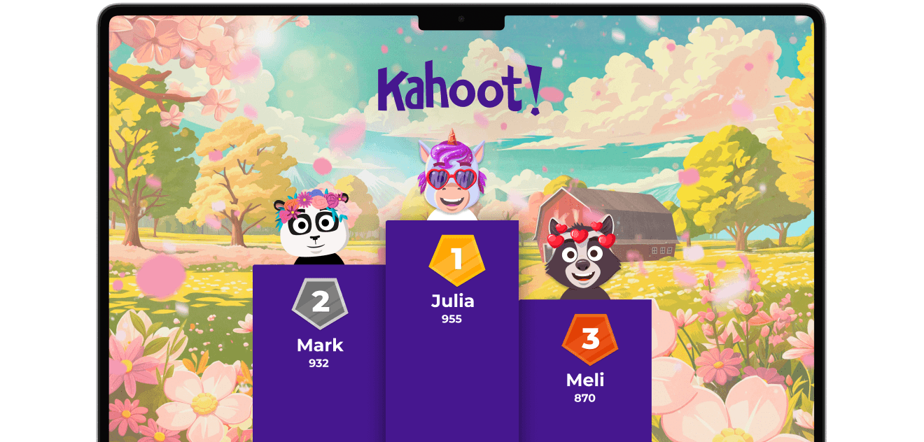 Personnages Kahoot! sur un podium, affichés sur un écran de Macbook